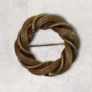 Mesh Brooch Gold Tone Wreath MCM Vintage‎ Circle Round Pin